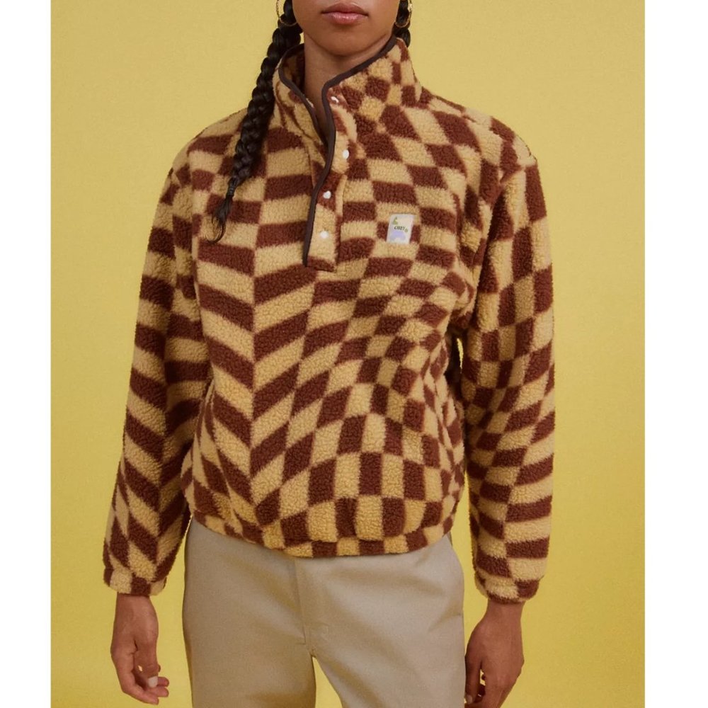 OBEY Wavy Check  Quarter-Zip Popover Jacket Brown Multi - Small